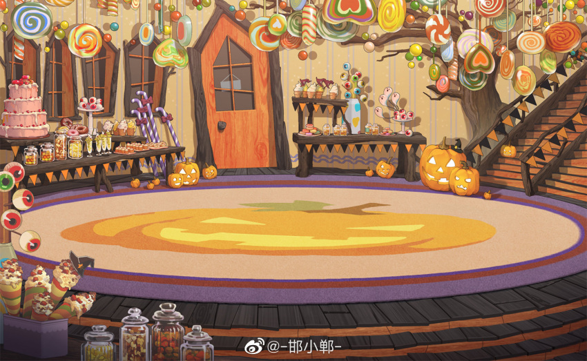 bare_tree cake cake_stand candy candy_cane candy_jar cookie cupcake door doughnut eyeball food ghost halloween hanging_food hanxiaodan hat heart heart-shaped_lollipop highres ice_cream ice_cream_cone indoors jack-o'-lantern jar layer_cake lollipop lovebrush_chronicles macaron mini_hat no_humans official_art parfait plate pumpkin pumpkin_print rug scenery shaped_lollipop soft_serve stairs string_of_flags swirl_lollipop table tree vase weibo_logo weibo_username window witch_hat wooden_floor