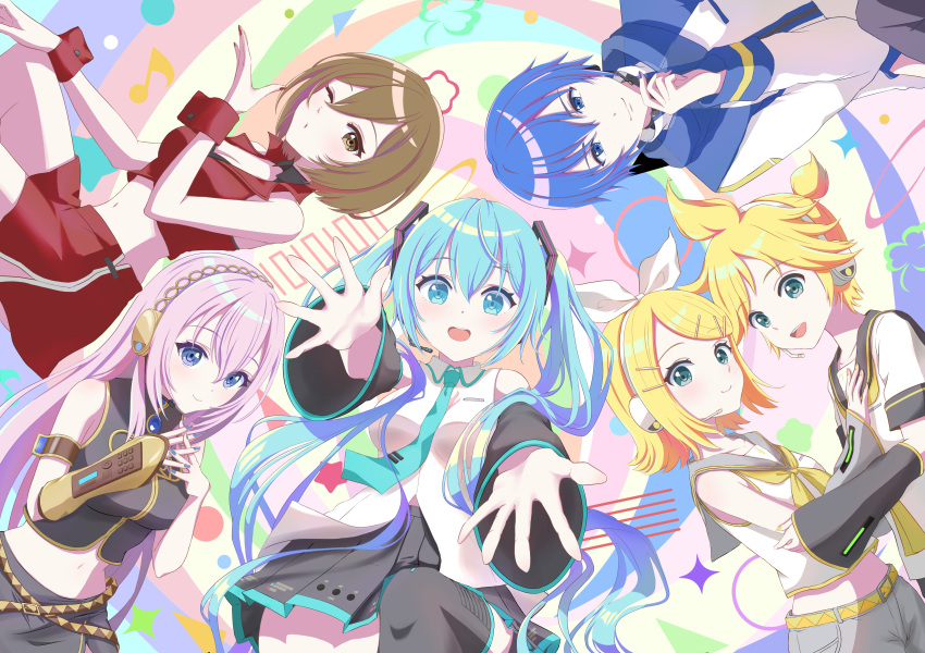 2boys 4girls absurdres aqua_eyes aqua_hair aqua_necktie black_sailor_collar black_thighhighs blowing_kiss blue_eyes blue_hair blue_nails blue_scarf bow brown_eyes brown_hair clover commentary_request detached_sleeves hair_between_eyes hair_bow hatsune_miku headphones highres kagamine_len kagamine_rin kaito_(vocaloid) long_hair looking_at_viewer megurine_luka meiko_(vocaloid) mouthpiece multiple_boys multiple_girls multiple_hairpins musical_note navel necktie one_eye_closed open_mouth patterned_background pink_hair project_sekai reaching reaching_towards_viewer sailor_collar scarf short_hair skirt sleeveless smile sparkle thighhighs twintails upper_body very_long_hair vocaloid yuzu_hirari