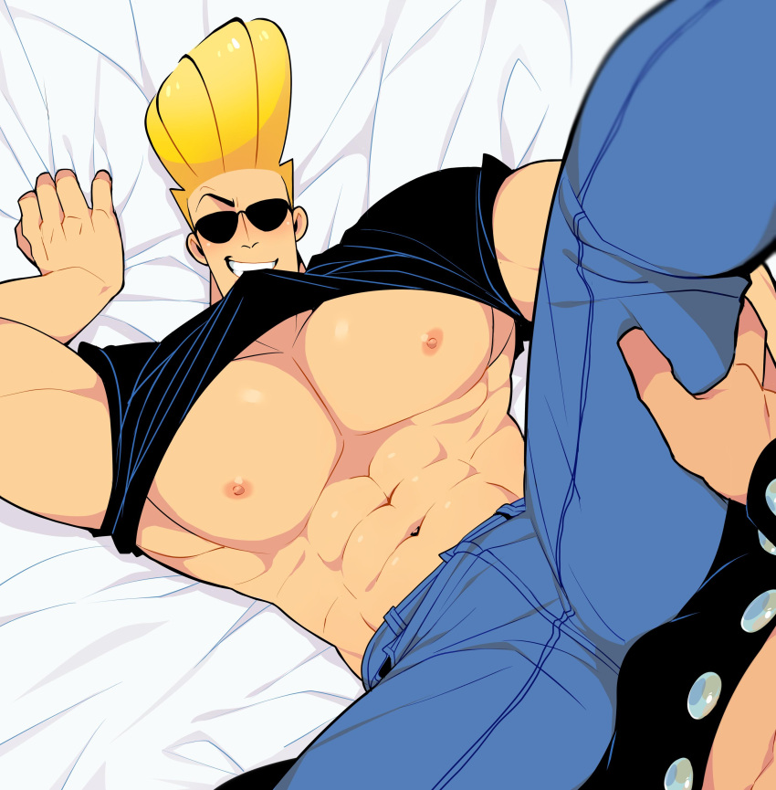 2boys absurdres bara bare_pectorals black_shirt blonde_hair bulge bulge_to_ass clothes_in_mouth clothes_lift denim dexter's_laboratory feet_out_of_frame from_above grunkleguts highres jeans johnny_bravo johnny_bravo_(series) large_pectorals legs_up lifted_by_self lying male_focus mature_male mouth_hold multiple_boys muscular muscular_male navel nipples on_bed out_of_frame pants pectorals pompadour raised_eyebrow sheet_grab shirt shirt_in_mouth shirt_lift short_hair sideburns sleeves_rolled_up smile spread_legs sunglasses tight_clothes tight_shirt top-down_bottom-up v-taper valhallen yaoi
