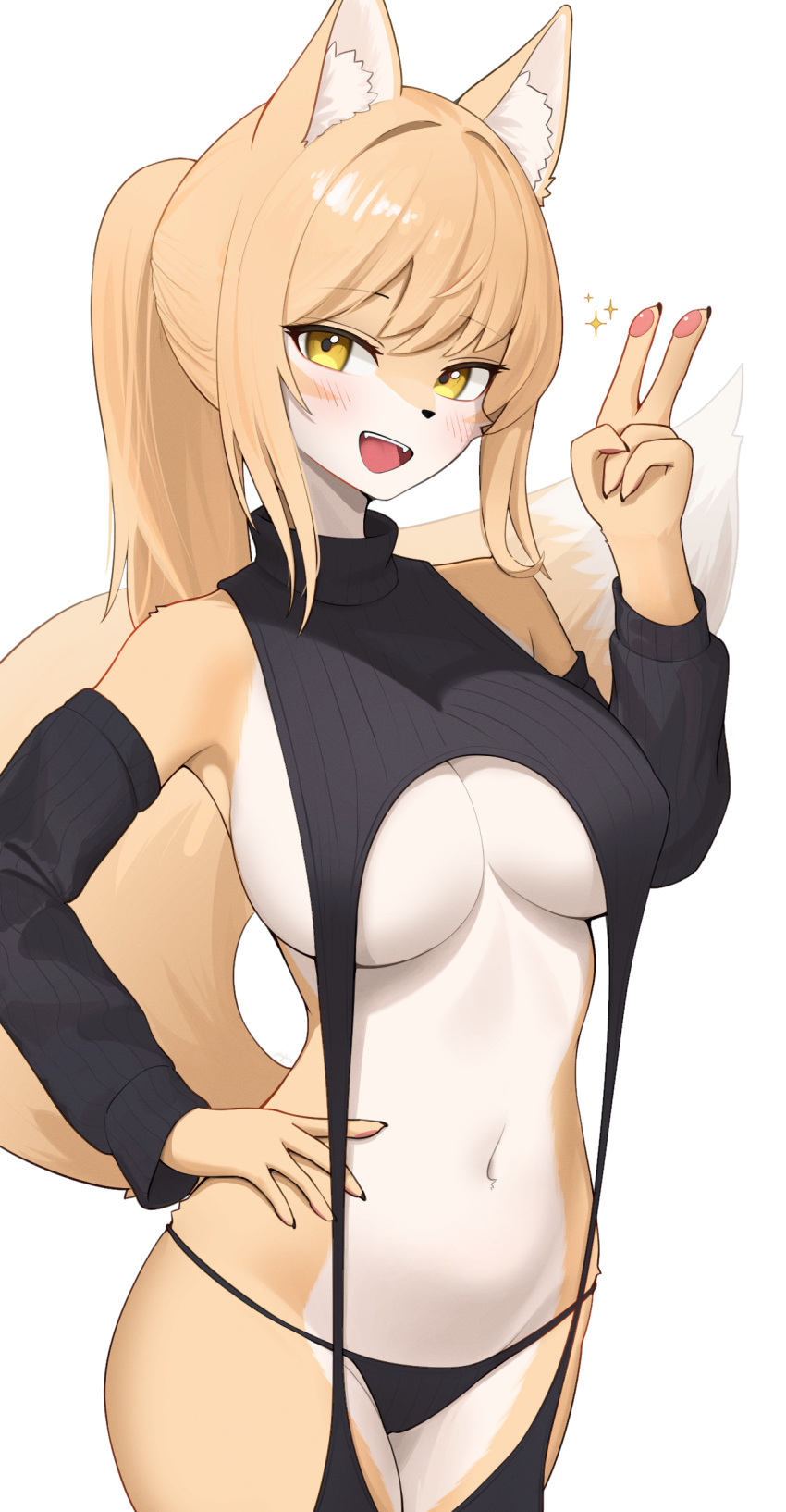 1girl absurdres anima_nose animal_ears black_panties black_sleeves black_sweater blush breasts detached_sleeves fox_ears fox_girl furry furry_female highres jeifier_(korfiorano01) large_breasts looking_at_viewer meme_attire navel open_mouth original panties simple_background solo sonout sweater teeth underwear upper_teeth_only v virgin_destroyer_sweater white_background yellow_eyes