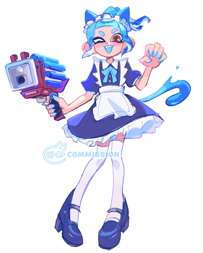 1girl animal_ears apron blue_hair brown_eyes cat_ears cat_tail clash_blaster_(splatoon) commentary commission dress english_commentary frilled_dress frills gun high_heels highres holding holding_gun holding_weapon looking_at_viewer maid_apron maid_headdress octoling octoling_girl octoling_player_character one_eye_closed open_mouth paw_pose short_hair simple_background smile solo splatoon_(series) splatoon_3 tail teeth tentacle_hair thick_eyebrows thighhighs tokkibada upper_teeth_only watermark weapon white_background white_thighhighs