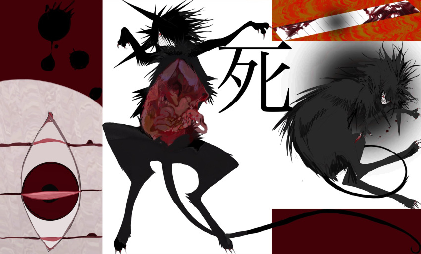 animal_ears black_fur black_tail blood claws colored_skin creature dissection guro highres intestines kamikiririp no_humans organs original red_eyes sphinx tail white_background white_skin