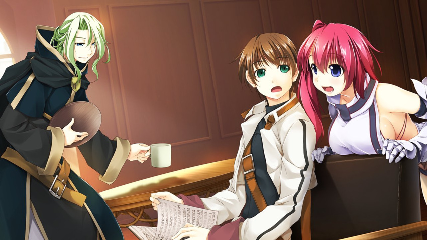 1girl 2boys alto_travers atelier-moo bare_shoulders blue_eyes breasts brown_hair cloak closed_mouth cup detached_sleeves green_eyes green_hair hair_between_eyes large_breasts long_hair long_sleeves merak_yildis multiple_boys open_mouth pink_hair red_hair short_hair side_ponytail sideboob sleeveless smile spica_celest standing wizards_symphony