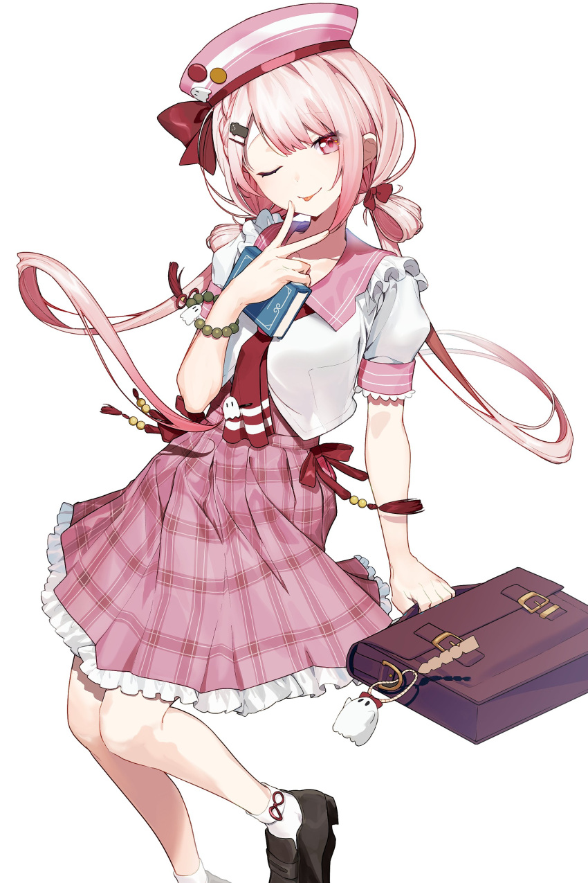 1girl ;p absurdres ascot bag bare_legs beads breasts brown_footwear frilled_skirt frilled_sleeves frills ghost_ornament hair_ornament hair_ribbon hair_rings hairclip hand_up hat highres holding holding_bag loafers long_hair looking_at_viewer nijisanji one_eye_closed pink_eyes pink_hair pink_headwear pink_skirt pink_theme plaid plaid_skirt red_ascot red_ribbon ribbon sailor_hat school_bag school_uniform serafuku shiina_yuika shiina_yuika_(7th_costume) shoes short_sleeves simple_background skirt small_breasts socks solo standing standing_on_one_leg tadano_souko tassel tongue tongue_out v white_background white_serafuku white_socks