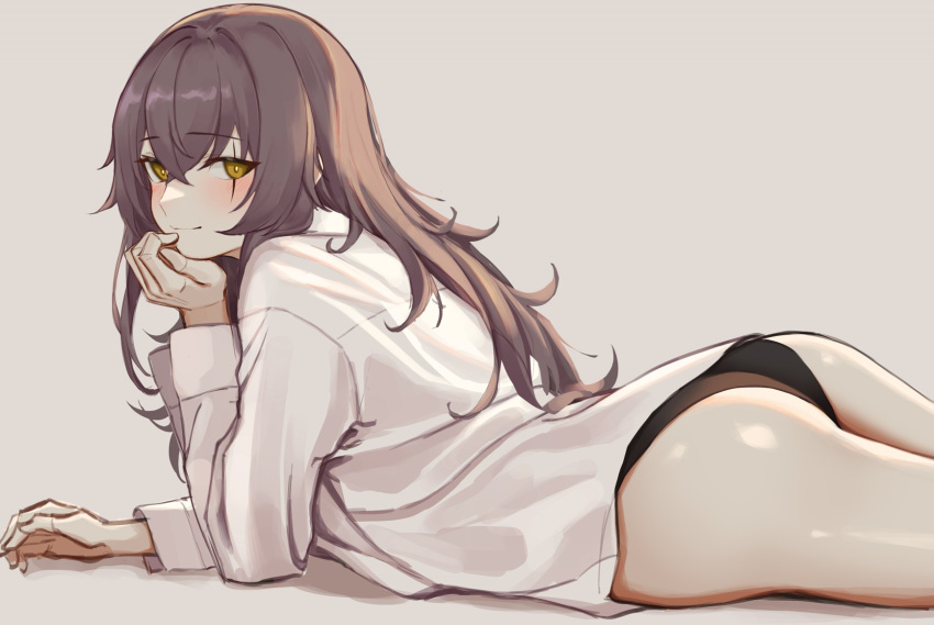1girl 3_small_spiders ass black_panties brown_hair girls'_frontline hand_up head_rest highres long_hair looking_at_viewer lying no_pants on_stomach panties scar scar_across_eye scar_on_face shirt simple_background ump45_(girls'_frontline) underwear white_shirt