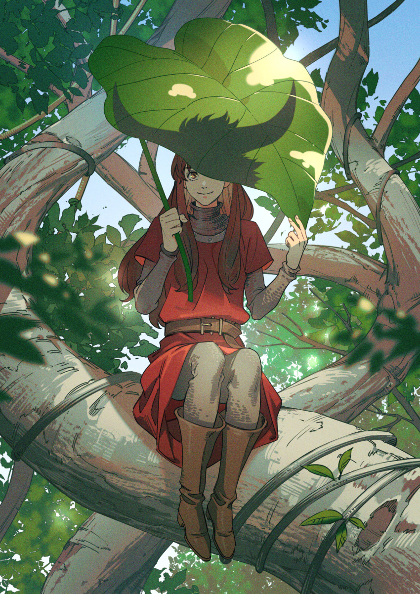 1girl akakokko_(niro_azarashi) armor belt boots brown_belt brown_eyes brown_footwear brown_hair chainmail character_request closed_mouth different_shadow forest full_body highres holding holding_leaf horns in_tree leaf long_hair long_sleeves looking_at_viewer maronie_oukoku_no_shichinin_no_kishi nature outdoors plant red_tunic smile solo tree vines