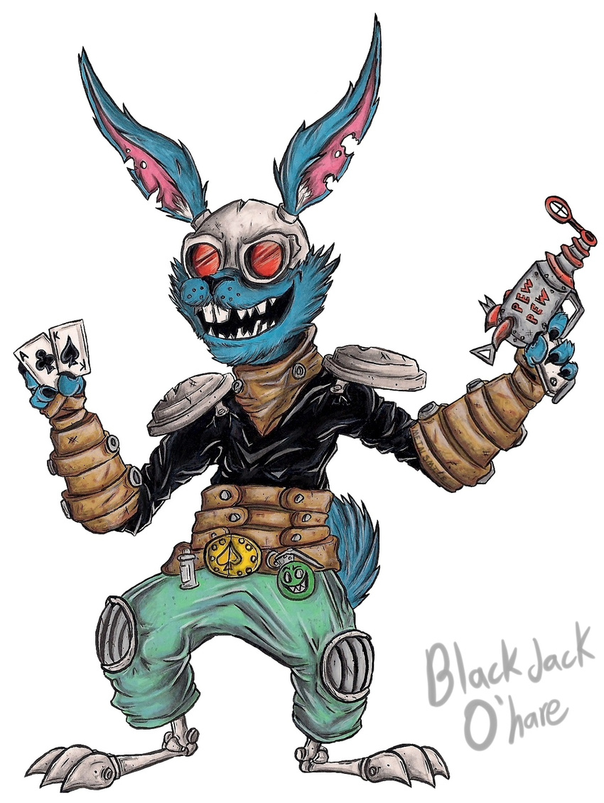 2016 3_toes anthro armor belt blackjack_o'hare buckteeth card claws clothed clothing cybernetics explosives eyewear front_view fur grenade guardians_of_the_galaxy gun hare hi_res lagomorph long_ears looking_at_viewer machine male mammal marvel metalsmile open_mouth pose prosthetic prosthetic_leg rabbit ranged_weapon red_eyes simple_background smile solo standing teeth text toe_claws toes traditional_media_(artwork) weapon white_background