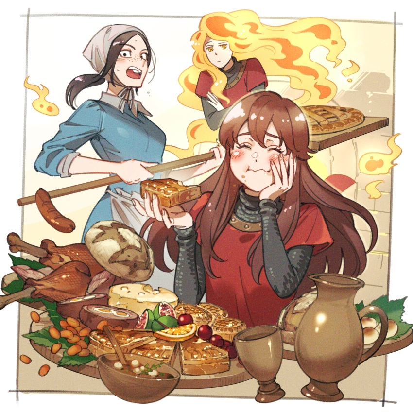 3girls akakokko_(niro_azarashi) apron armor beans blush brown_hair chainmail chalice character_request cheese_wheel chicken_(food) chicken_leg crossed_arms cup eating egg eyelashes fiery_hair fire food food_in_mouth freckles fruit glutton hair_between_eyes hand_on_own_face happy highres holding holding_food jug_(bottle) lemon lemon_slice maronie_oukoku_no_shichinin_no_kishi multiple_girls mushroom open_mouth orange_eyes oven peel_(tool) pie red_tunic sausage unamused waist_apron