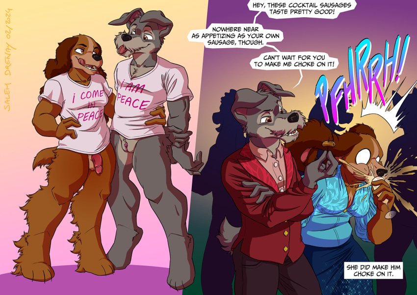 anthro bottomless canid canine canis clothed clothing disney domestic_dog genitals lady_(lady_and_the_tramp) lady_and_the_tramp licking licking_lips mammal penis pussy suggestive_topwear t4t thevoidwalker tongue tongue_out tramp_(lady_and_the_tramp) trans_(lore) trans_man_(lore) trans_woman_(lore)