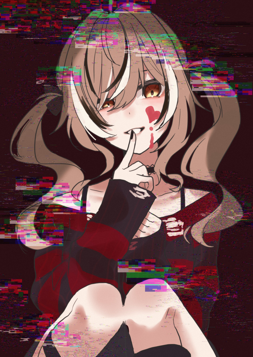 1girl absurdres ahoge black_choker black_hair black_sweater blood blood_on_face brown_eyes brown_hair choker collar emo_fashion finger_to_mouth hair_between_eyes hair_over_one_eye highres hololive hololive_english knee_strap long_hair looking_at_viewer mizuhasi multicolored_hair nail_polish nanashi_mumei nanashi_mumei_(4th_costume) off-shoulder_shirt off_shoulder official_alternate_costume official_alternate_hairstyle red_nails red_sweater shirt shushing sleeves_past_wrists smile solo static streaked_hair striped_clothes striped_sweater sweater torn_clothes torn_sweater twintails virtual_youtuber white_hair yandere