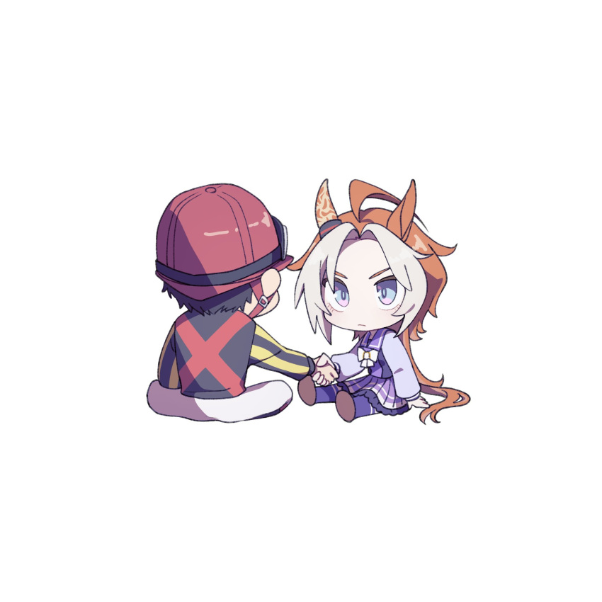 1boy 1girl animal_ears bow bowtie ear_covers hat highres holding_hands horse_ears horse_girl horse_tail ikezoe_ken'ichi long_hair long_sleeves orange_hair orfevre_(umamusume) purple_eyes purple_skirt rikou_masimasi sailor_collar school_uniform shirt shoes short_hair simple_background skirt tail tracen_school_uniform umamusume