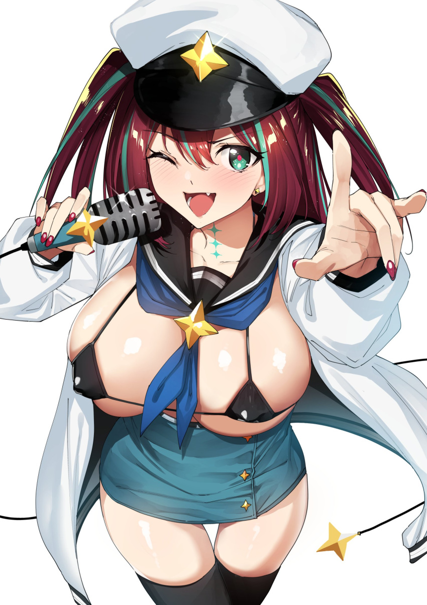 1girl absurdres aqua_eyes aqua_hair aqua_skirt bikini black_bikini black_sailor_collar black_thighhighs blue_neckerchief blush breasts brown_hair commentary_request cross cross_earrings earrings fang fingernails hair_between_eyes hands_up hat highres holding holding_microphone jacket jewelry large_breasts loco_musica long_hair long_sleeves looking_at_viewer magical_girl mahou_shoujo_ni_akogarete micro_bikini microphone nail_polish neckerchief one_eye_closed open_clothes open_jacket open_mouth peaked_cap puffy_long_sleeves puffy_sleeves red_nails red_pupils sailor_collar simple_background skirt solo swimsuit thighhighs tomohiro_kai two_side_up white_background white_headwear white_jacket