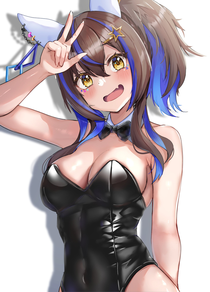 1girl absurdres alternate_costume animal_ears arm_at_side arm_up bare_shoulders black_leotard blue_hair blush bow bowtie breasts brown_hair chinese_zodiac cleavage covered_navel daitaku_helios_(umamusume) detached_collar ear_covers fang hair_between_eyes hair_ornament hairclip head_tilt highres horse_ears leotard long_hair looking_at_viewer medium_breasts multicolored_hair open_mouth playboy_bunny shadow side_ponytail skin_fang smile solo two-tone_hair umamusume upper_body w yami_anko year_of_the_rabbit yellow_eyes