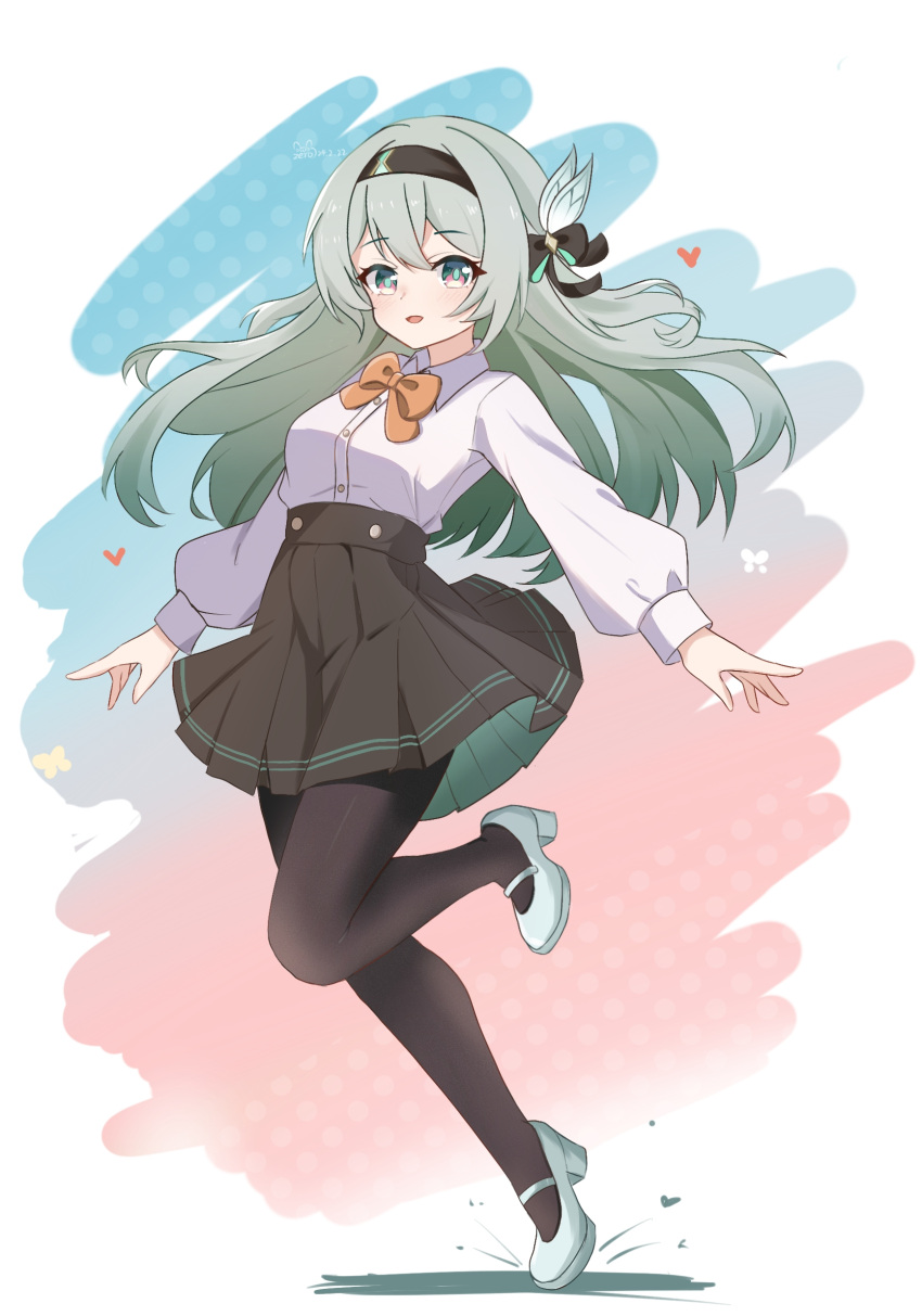 1girl absurdres alternate_costume black_hairband black_pantyhose black_skirt bow bowtie bug butterfly butterfly_hair_ornament firefly_(honkai:_star_rail) green_footwear grey_hair hair_ornament hair_ribbon hairband heart highres honkai:_star_rail honkai_(series) knee_up long_hair long_sleeves looking_at_viewer multicolored_background open_mouth orange_bow orange_bowtie outstretched_arms pantyhose pleated_skirt purple_eyes ribbon school_uniform shirt skirt white_background white_shirt zerosama_(sailuojiang)