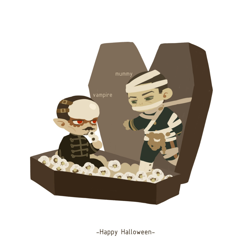 2boys bandaged_arm bandaged_leg bandages brown_hair chengongzi123 coffin colored_sclera commentary covered_mouth deformed english_text facial_hair flower full_body goatee_stubble golden_kamuy green_eyes green_jacket green_pants green_sclera hand_up happy_halloween highres intestines jacket looking_at_another male_focus military_uniform multiple_boys mummy mustache pants pointy_ears red_eyes short_hair simple_background sitting stubble symbol-only_commentary tsukishima_hajime tsurumi_tokushirou uniform vampire very_short_hair white_background