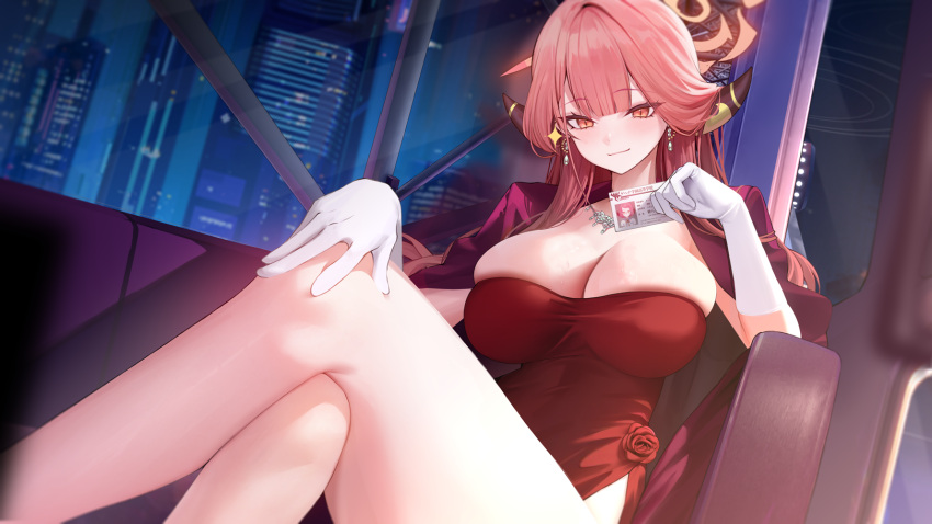 1girl aru_(blue_archive) aru_(dress)_(blue_archive) bare_legs blue_archive blush breasts brown_horns building card cleavage coat couch crossed_legs demon_horns dress earrings gloves halo hand_on_own_knee hand_on_own_leg highres holding holding_card horns id_card jewelry large_breasts long_hair looking_at_viewer necklace night official_alternate_costume pink_hair pink_halo red_dress sitting smile solo strapless strapless_dress thighs white_gloves window xiujia_yihuizi yellow_eyes