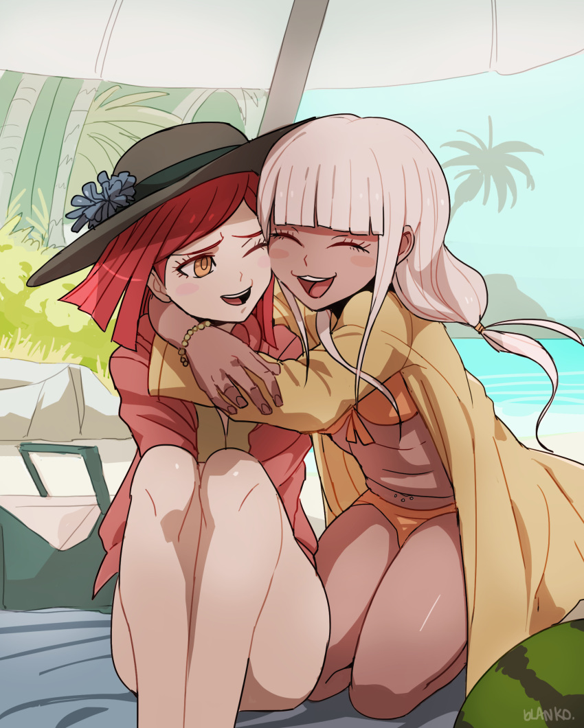 2girls ^_^ alternate_costume arms_around_neck bare_legs beach beach_towel beach_umbrella bead_bracelet beads bikini blanko! blue_flower blue_sky blunt_bangs blunt_ends blush_stickers bracelet brown_headwear closed_eyes coat commentary danganronpa_(series) danganronpa_v3:_killing_harmony dark-skinned_female dark_skin day english_commentary eyelashes feet_out_of_frame fingernails flower food front-tie_bikini_top front-tie_top fruit furrowed_brow grass hat hat_flower highres hug jacket jewelry kneeling knees long_hair long_sleeves looking_at_another low-tied_long_hair medium_hair multiple_girls navel navel_piercing ocean one_eye_closed open_clothes open_coat open_mouth orange_bikini orange_ribbon outdoors palm_tree picnic_basket piercing red_hair red_jacket red_sleeves ribbon sidelocks sitting sky smile stomach sun_hat swimsuit teeth towel tree umbrella upper_teeth_only watermelon white_background white_umbrella yellow_bikini yellow_bracelet yellow_eyes yellow_raincoat yellow_sleeves yonaga_angie yumeno_himiko