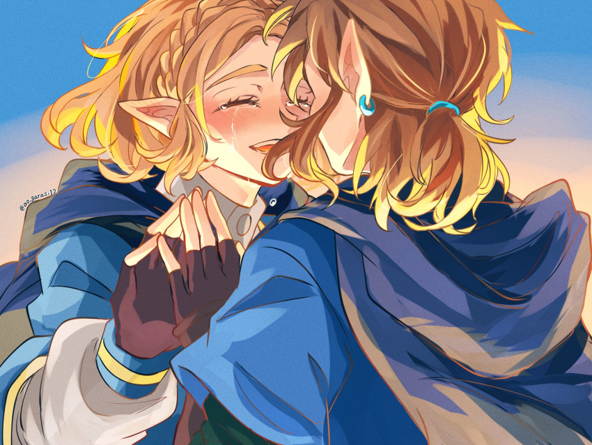 1boy 1girl aorin_(riley17_a) black_gloves blonde_hair blue_hood blue_sky cloak closed_eyes crying day earrings face-to-face fingerless_gloves gloves highres hood hooded_cloak jewelry link medium_hair open_mouth outdoors pointy_ears princess_zelda sky teeth the_legend_of_zelda the_legend_of_zelda:_breath_of_the_wild upper_teeth_only