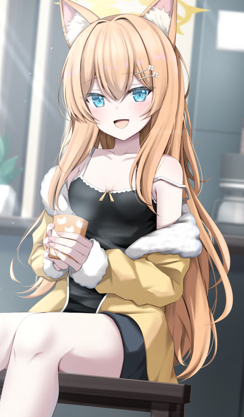 1girl animal_ear_fluff animal_ears black_camisole blue_archive blue_eyes blush breasts camisole cat_ears collarbone cup fingernails hair_between_eyes hair_ornament hairclip halo highres holding holding_cup jacket kamesys long_hair long_sleeves looking_at_viewer mari_(blue_archive) open_clothes open_jacket open_mouth orange_hair small_breasts smile solo yellow_halo yellow_jacket