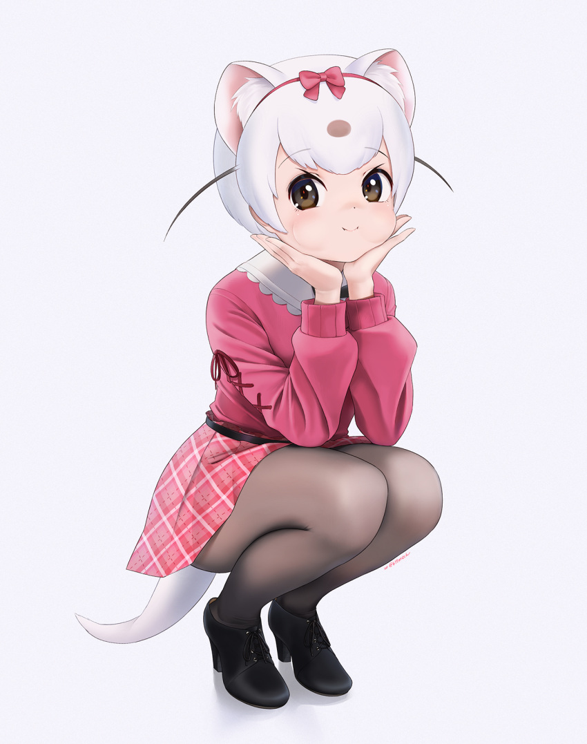 1girl animal_ears beleven black_footwear black_pantyhose blush bow brown_eyes collar frilled_collar frills hair_between_eyes hair_bow head_on_hand high_heels highres kemono_friends kemono_friends_3 least_weasel_(kemono_friends) light_brown_hair long_sleeves multicolored_hair official_alternate_costume pantyhose pink_bow pink_skirt pink_sweater plaid plaid_skirt pleated_skirt puffy_cheeks shoes short_hair sidelocks skirt smile squatting sweater tail weasel_ears weasel_girl weasel_tail white_hair