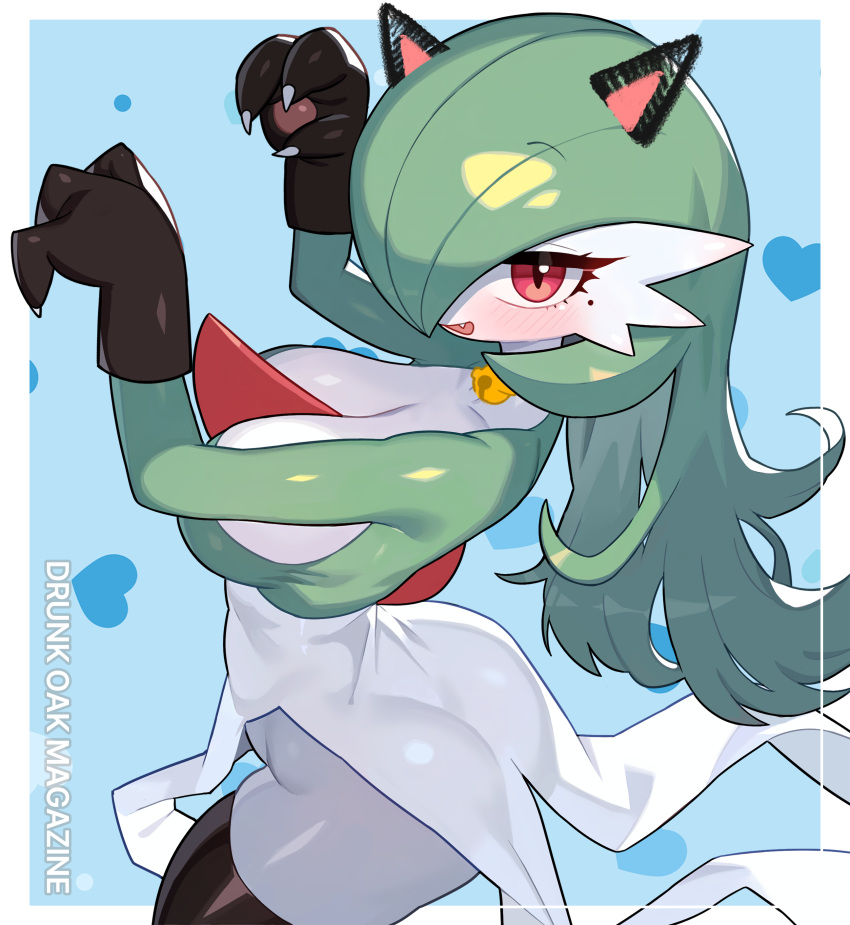 absurd_res breasts chest_spike claws clothing drunk_oak fake_cat_ears fake_ears fingers fur gardevoir generation_3_pokemon green_hair hair handwear hi_res humanoid legwear mammal nintendo pokemon pokemon_(species) red_eyes simple_background spikes spikes_(anatomy) stockings white_body