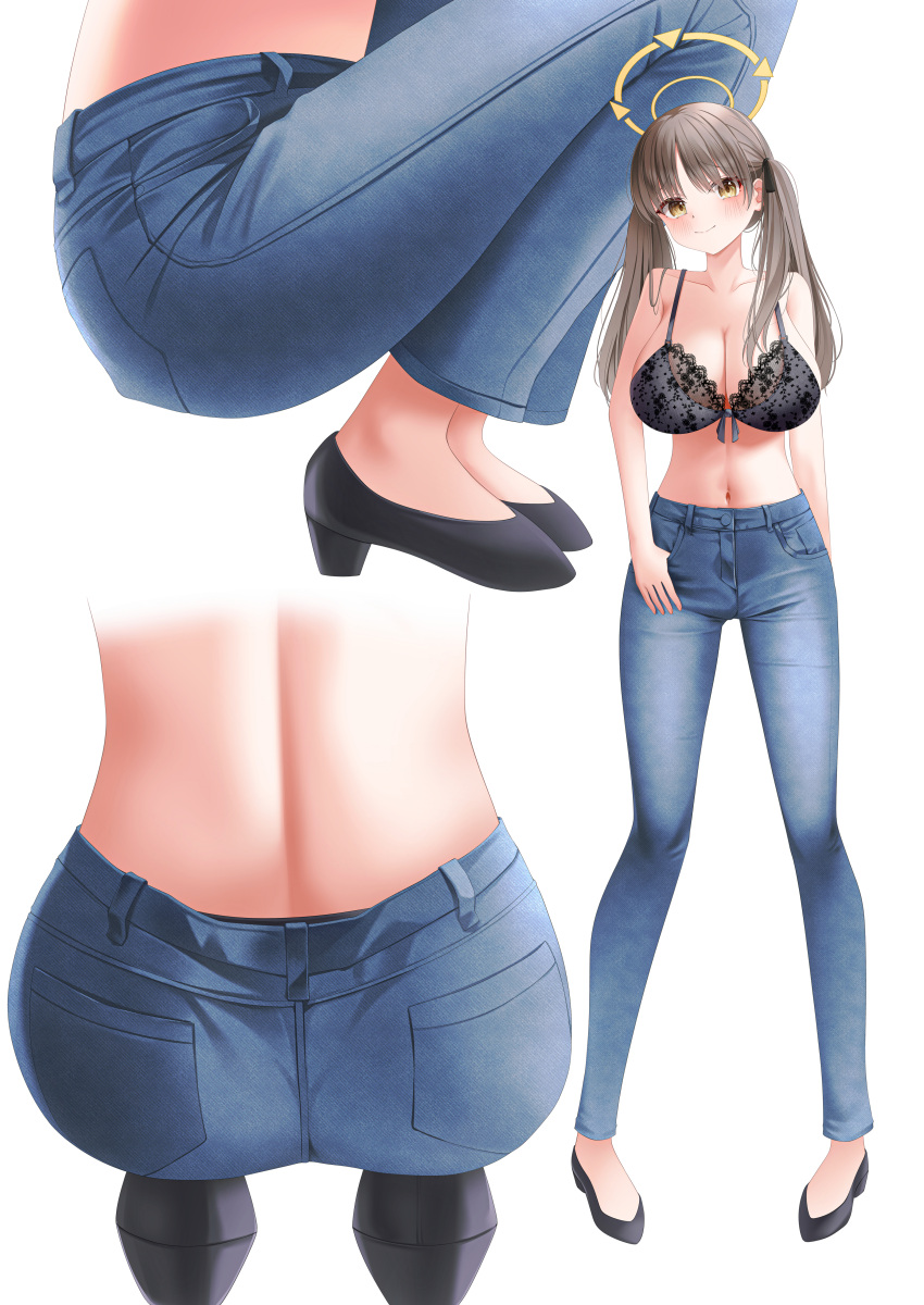 1girl absurdres ass black_bra black_footwear blue_archive blue_pants blush bra breasts brown_eyes brown_hair cleavage closed_mouth halo highres large_breasts long_hair moe_(blue_archive) multiple_views navel pants shira_jun shoes simple_background smile twintails underwear white_background yellow_halo