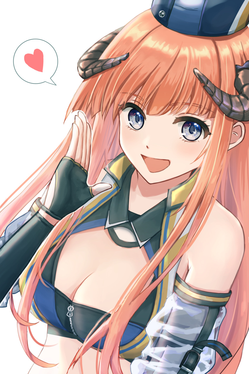 1girl absurdres arknights bagpipe_(arknights) bagpipe_(queen_no._1)_(arknights) bare_shoulders black_gloves blue_eyes breasts cleavage commentary_request crop_top fingerless_gloves gloves hand_up hat highres horns long_hair looking_at_viewer midriff official_alternate_costume orange_hair owanwan_1205 simple_background solo speech_bubble upper_body very_long_hair white_background