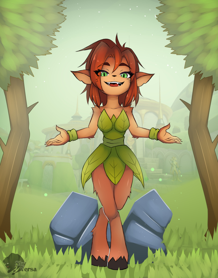 2024 absurd_res activision anthro arm_tuft brown_body brown_fur brown_hair clothing crossed_legs elora eye_through_hair eyebrow_through_hair eyebrows eyelashes faun_(spyro) female fur grass green_eyes hair hi_res hooves leaf_clothing looking_at_viewer open_mouth outside plant short_hair shoulder_tuft skyversa solo spyro_the_dragon standing teeth translucent translucent_hair tree tuft wristband