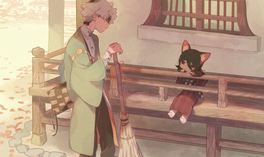 1boy 1girl animal_ear_fluff animal_ears autumn_leaves barefoot black_eyes black_hair black_sash broom broom_ribbon brown_kimono buttons cat_ears cat_girl closed_mouth expressionless glasses green_jacket hair_between_eyes head_tilt holding holding_broom jacket japanese_clothes kimono light_particles long_sleeves multicolored_hair original outdoors polka_dot_sash railing red_ribbon ribbon round_eyewear sash shirt short_hair sitting standing striped_clothes striped_kimono sunlight two-tone_hair urabe_(mstchan) white_hair white_shirt window windowsill