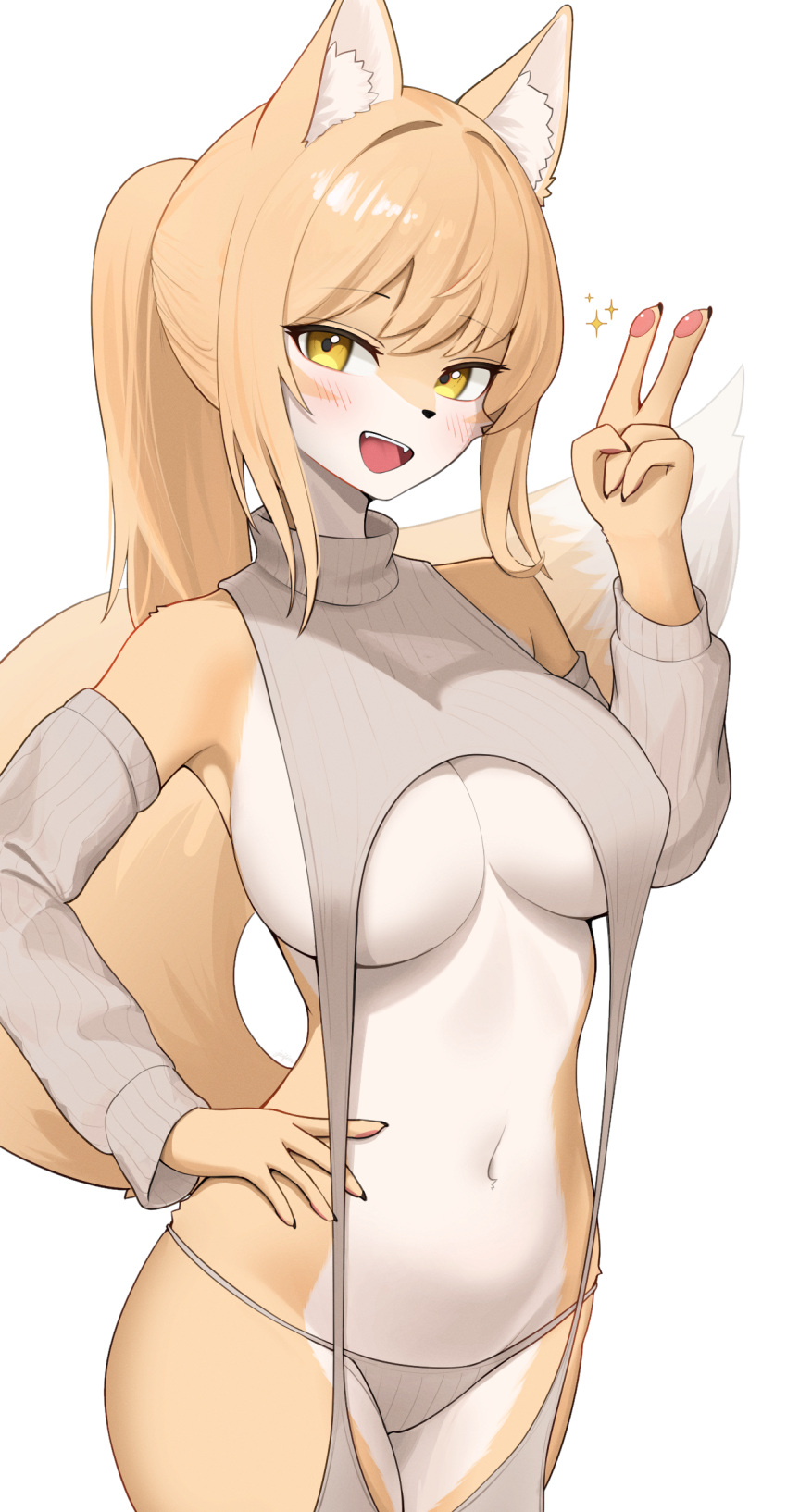 1girl absurdres anima_nose animal_ears black_panties blush breasts detached_sleeves fox_ears fox_girl furry furry_female highres jeifier_(korfiorano01) large_breasts looking_at_viewer meme_attire navel open_mouth original panties simple_background solo sonout sweater teeth underwear upper_teeth_only v virgin_destroyer_sweater white_background white_sleeves white_sweater yellow_eyes
