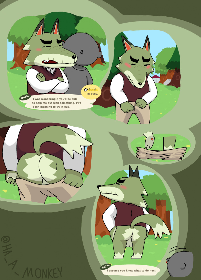 animal_crossing anthro balls blush butt canid canine canis clothed clothing dialogue dobie_(animal_crossing) duo english_text faceless_character faceless_male genitals ha_a_monkey hi_res human male male/male mammal mature_male nintendo outside pantsless plant presenting presenting_hindquarters tail text tree undressing wolf wrinkles