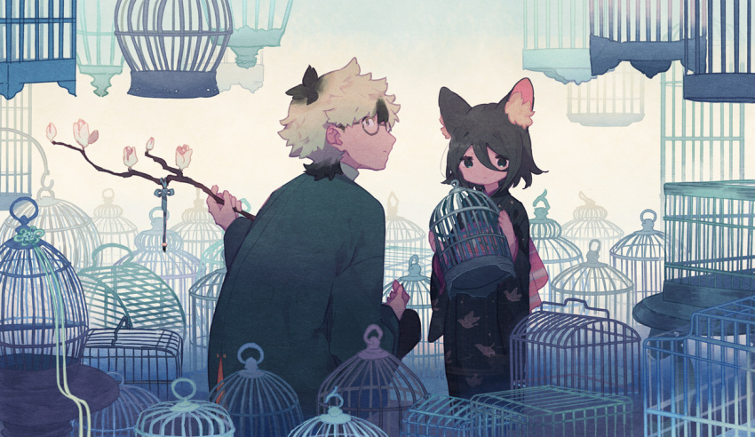 1boy 1girl animal_ear_fluff animal_ears animal_print bird_print birdcage black_eyes black_hair black_kimono black_pants branch cage cat_ears cat_girl closed_mouth expressionless flower glasses green_jacket hair_between_eyes holding holding_branch holding_cage jacket japanese_clothes kimono long_sleeves looking_at_viewer looking_back multicolored_hair original pants ribbon round_eyewear short_hair squatting standing two-tone_hair urabe_(mstchan) white_hair yellow_background