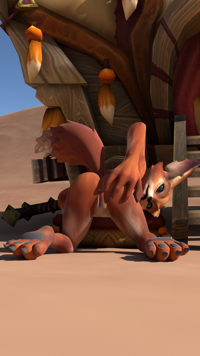 anthro anus blizzard_entertainment butt butt_grab canid canine female fox genitals hand_on_butt hi_res humanoid looking_at_viewer mammal nude outside presenting pussy sand solo vulco vulpera warcraft