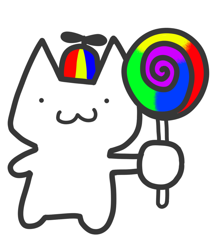 :3 ambiguous_gender candy clothing dessert domestic_cat dot_eyes felid feline felis food gooblie_2 hat headgear headwear hi_res humor lollipop mammal propeller_hat silly simple_background smile solo toony topwear white_background white_body