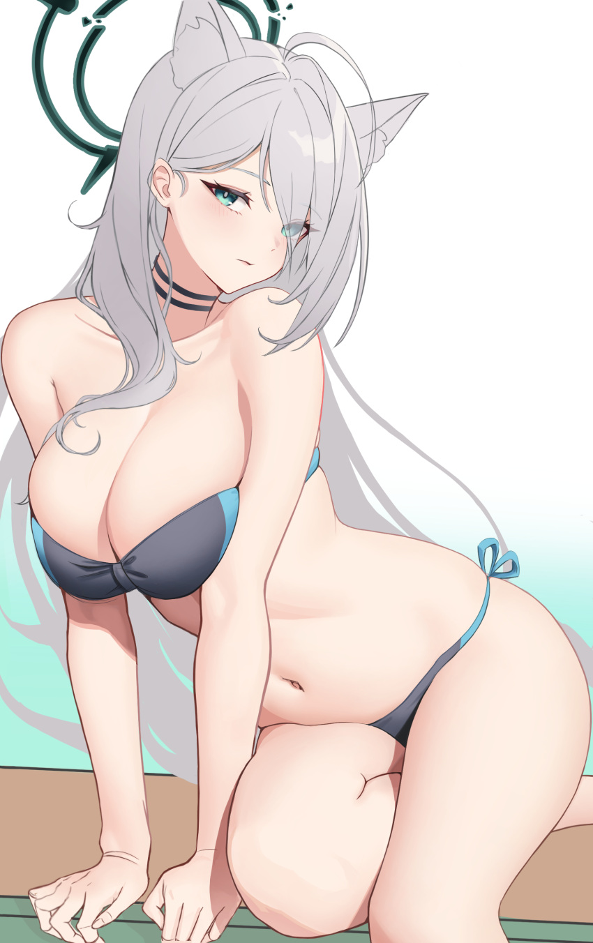 1girl absurdres ahoge animal_ear_fluff animal_ears bikini black_choker black_halo blue_archive blue_eyes breasts broken_halo choker cleavage dark_halo extra_ears grey_hair hair_between_eyes halo highres large_breasts long_hair looking_at_viewer mismatched_pupils navel shiroko_(blue_archive) shiroko_terror_(blue_archive) solo swimsuit theo_(tkswp12) wolf_ears wolf_girl