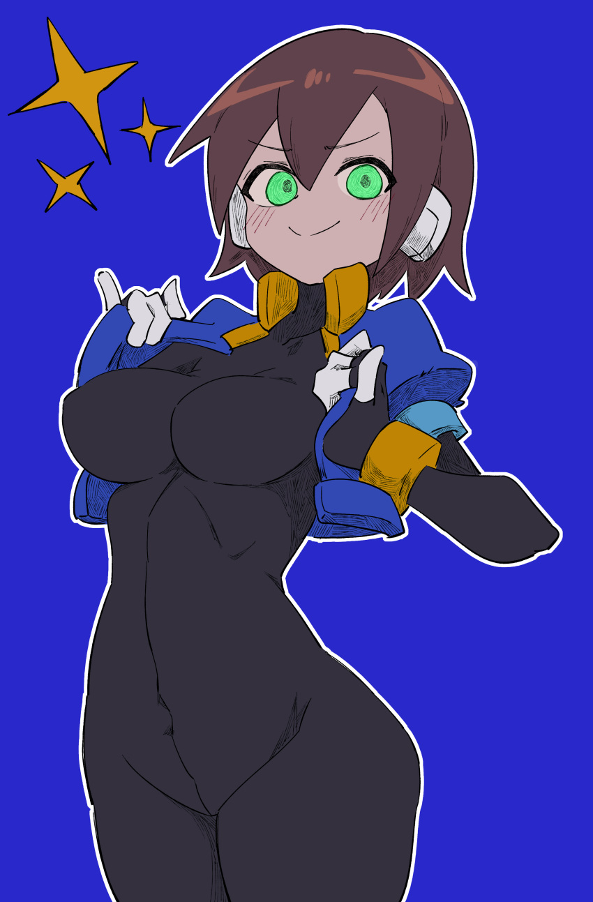 1girl absurdres aile_(mega_man_zx) black_bodysuit blue_background blush bodysuit bodysuit_under_clothes breasts brown_hair buzzlyears collarbone cropped_jacket glowing glowing_eyes green_eyes highres jacket looking_at_viewer medium_breasts mega_man_(series) mega_man_zx no_pants open_clothes open_jacket robot_ears short_hair simple_background smile solo sparkle upper_body