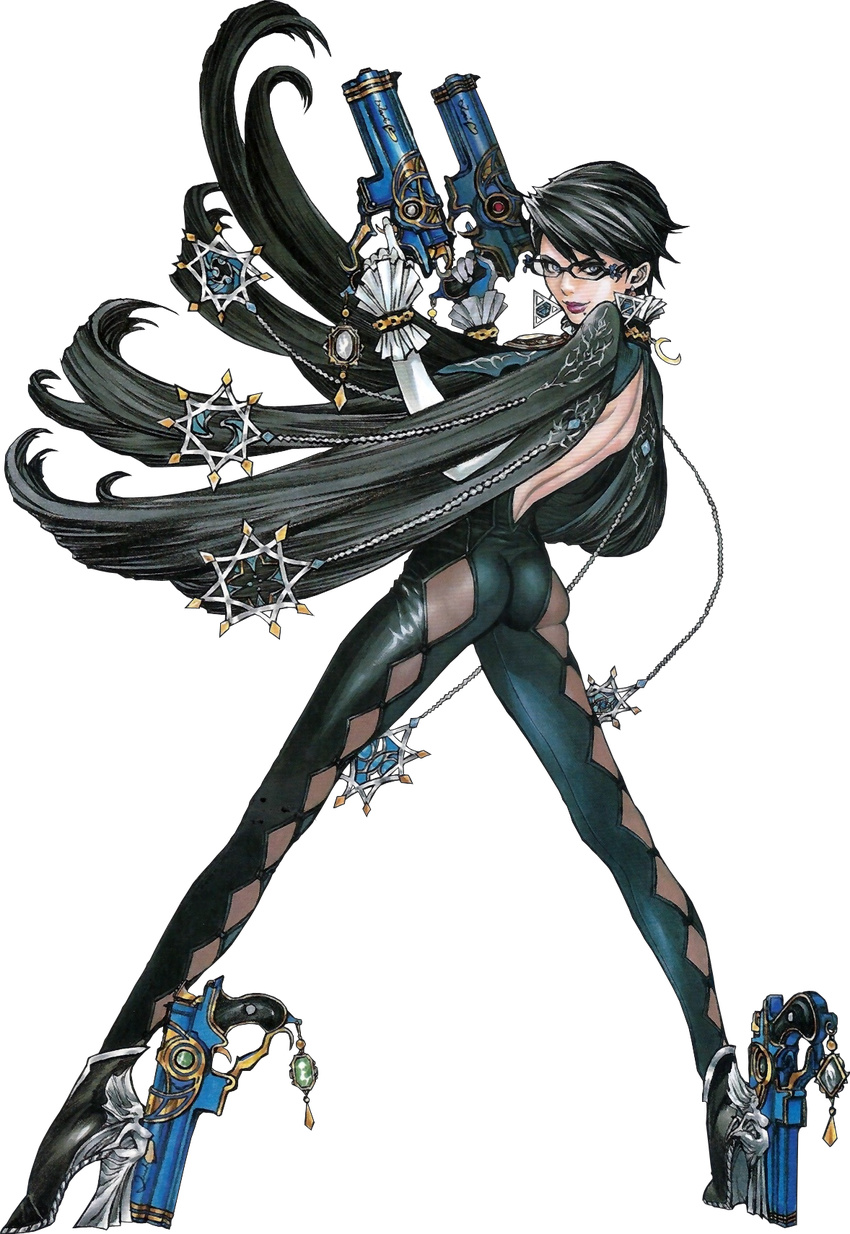 alternate_hair_length alternate_hairstyle ankle_gun ass back back_cutout bayonetta bayonetta_(character) bayonetta_2 black_hair blue_eyes bodysuit earrings elbow_gloves eyeshadow full_body glasses gloves gun highres jewelry katsura_masakazu lips lipstick looking_at_viewer looking_back love_is_blue_(bayonetta) makeup mole mole_under_mouth quadruple_wielding short_hair smile solo transparent_background weapon white_gloves