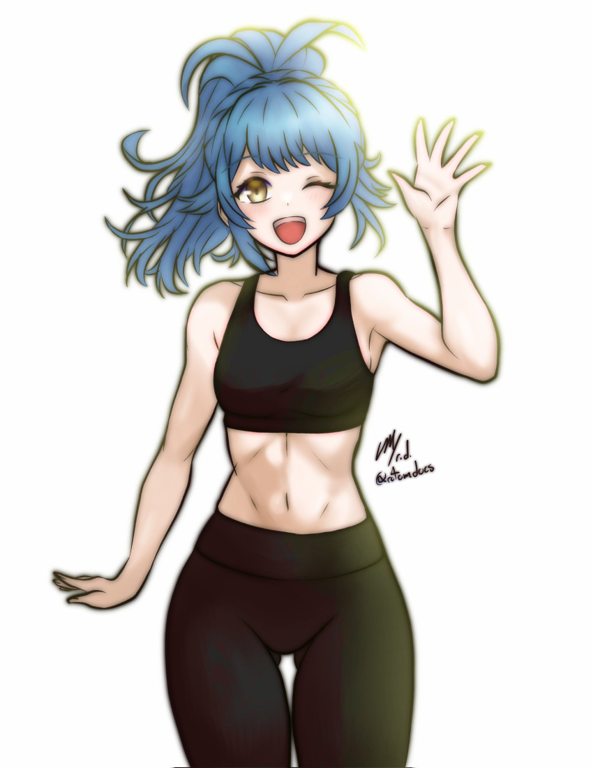 1girl bare_shoulders blue_hair commission fire_emblem fire_emblem_heroes high_ponytail highres navel pants ponytail reginn_(fire_emblem) rotomdocs solo sports_bra sportswear yellow_eyes yoga_pants