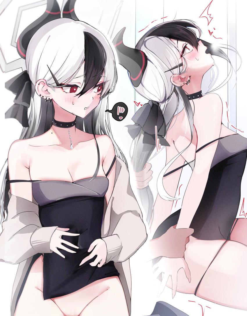 1girl ^^^ absurdres black_choker black_dress black_hair black_horns blue_archive blush breasts bright_pupils choker cleavage collarbone commentary_request dress ear_piercing grey_halo groin hair_between_eyes halo highres holding_another's_wrist horns kayoko_(blue_archive) kayoko_(dress)_(blue_archive) long_hair medium_breasts mole mole_on_neck multicolored_hair multiple_views niku_(hamuchang) off_shoulder official_alternate_costume out-of-frame_censoring partial_commentary piercing red_eyes spoken_blush thighs two-tone_hair white_hair white_pupils