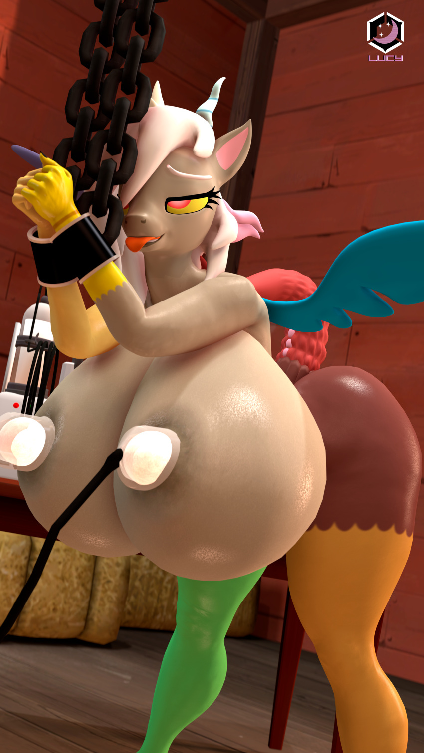 3d_(artwork) absurd_res anthro areola bent_over big_breasts bodily_fluids breast_milking breasts chain chimera crossgender cuff_(restraint) digital_media_(artwork) discord_(mlp) draconequus female friendship_is_magic hasbro hi_res horn huge_breasts lactating lucy_moon machine milk milking_machine mtf_crossgender my_little_pony red_eyes restraints shackles talon_hands tongue tongue_out wings yellow_sclera