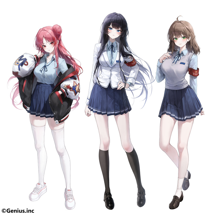 3girls absurdres ahoge armband black_hair black_socks blue_eyes blue_ribbon blue_shirt blue_skirt brown_footwear brown_hair closed_mouth cross-laced_footwear full_body green_eyes hair_bun hand_in_pocket hand_on_own_hip hand_up highres jacket kneehighs loafers long_hair looking_at_viewer madam_president:_she_is_my_boss meoyo multiple_girls official_art open_clothes open_jacket pink_hair pleated_skirt red_armband red_eyes ribbon school_uniform shirt shoes simple_background single_hair_bun skirt smile socks standing thighhighs white_background white_footwear white_shirt white_socks white_thighhighs zettai_ryouiki
