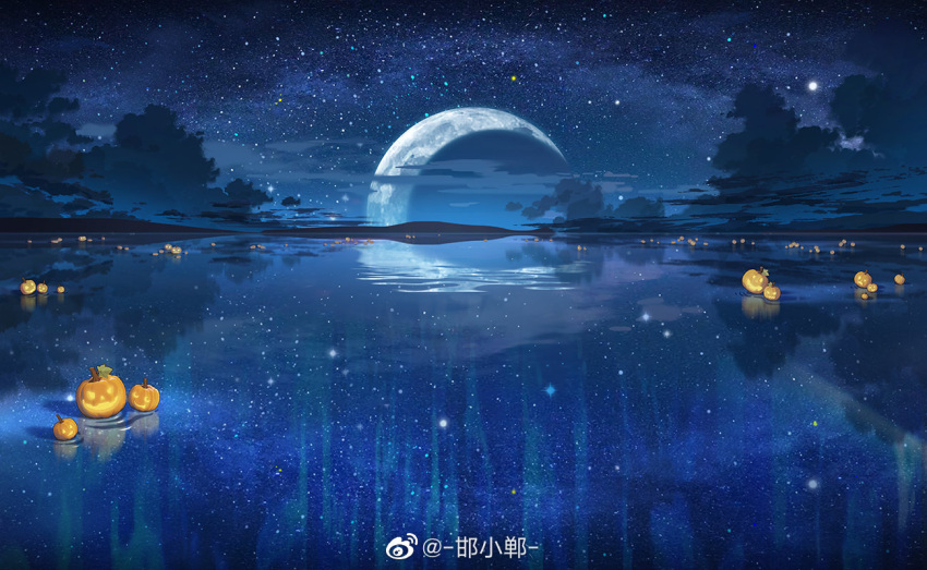 cloud crescent_moon hanxiaodan jack-o'-lantern lovebrush_chronicles moon moon_reflection mountainous_horizon night no_humans official_art outdoors reflection reflective_water scenery sky star_(sky) starry_sky water weibo_logo weibo_username