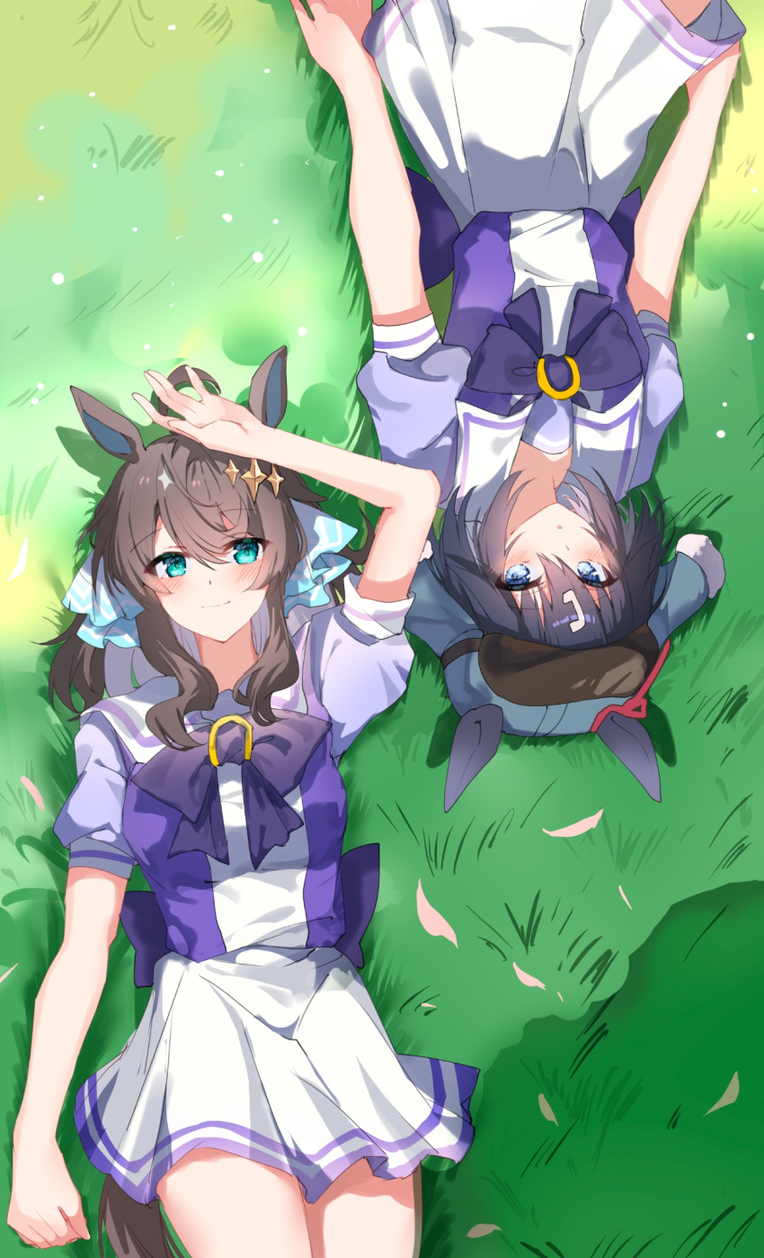 2girls ahoge animal_ears black_hair blue_eyes blush bow breasts brown_hair contrail_(racehorse) daring_tact_(umamusume) grass hair_between_eyes hair_ornament hat highres horse_ears horse_girl horse_tail long_hair long_sleeves looking_at_viewer lying lying_on_grass medium_breasts medium_hair multiple_girls on_back sb_(akagikeai) school_uniform shirt smile solo tail tracen_school_uniform umamusume