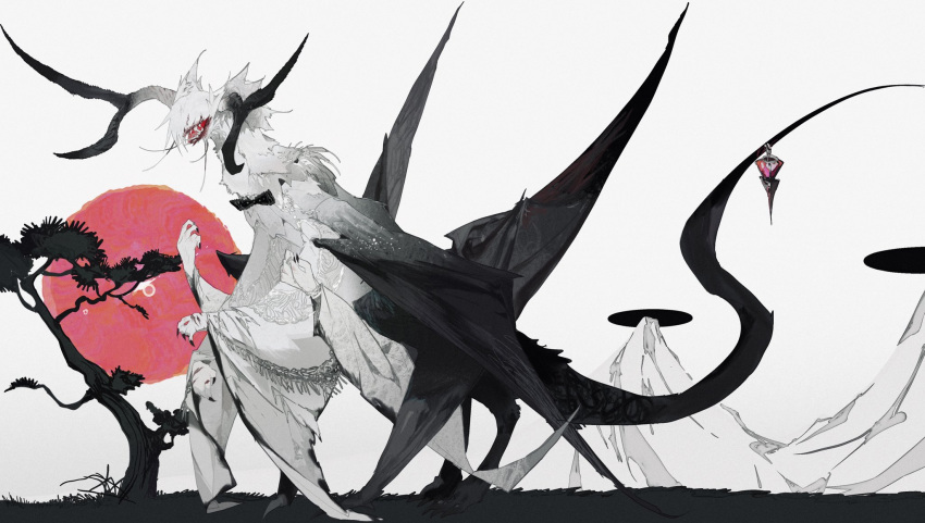 animal_focus black_bow black_bowtie black_horns black_tail black_wings bow bowtie creature extra_arms full_body grass highres horns kamikiririp large_wings mountain no_humans original outdoors red_sun sharp_teeth sky solo teeth tree whiskers white_fur white_hair white_sky white_wings wings