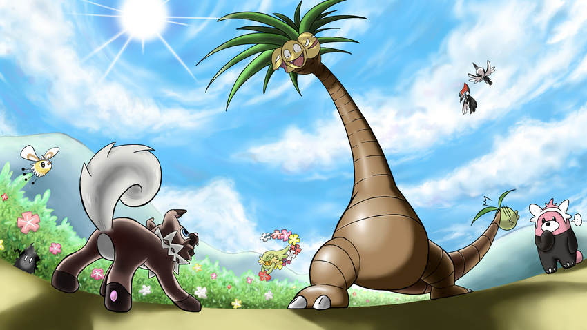 aaaahjy alolan_exeggutor alolan_form bewear bush cloud cloudy_sky comfey cutiefly day exeggutor fighting flying from_below gen_7_pokemon highres mimikyu mountain no_humans pikipek pokemon pokemon_(creature) rockruff shadow sky smile spoken_ellipsis sun sunlight