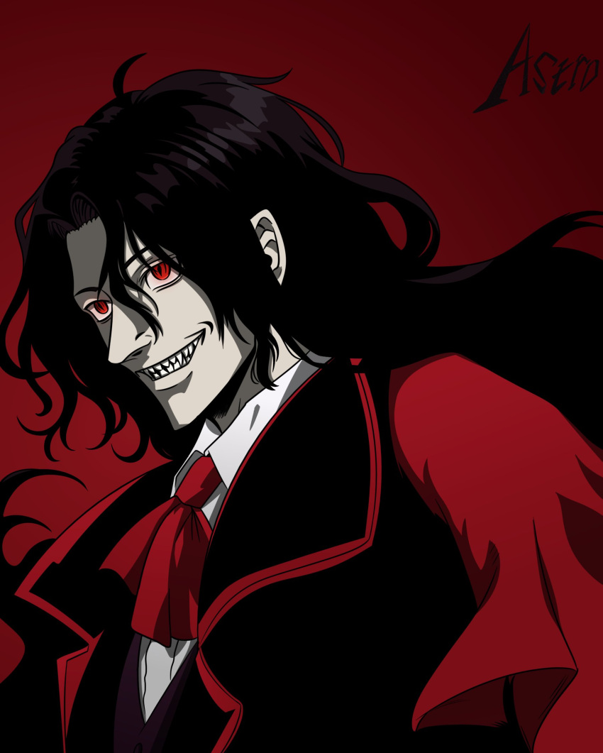 1boy alucard_(hellsing) artist_name ascot asrto_records black_coat coat collared_shirt colored_skin grey_skin grin hellsing highres limited_palette making-of_available male_focus pointy_nose red_ascot red_background red_eyes red_theme sharp_teeth shirt smile teeth upper_body vest white_shirt