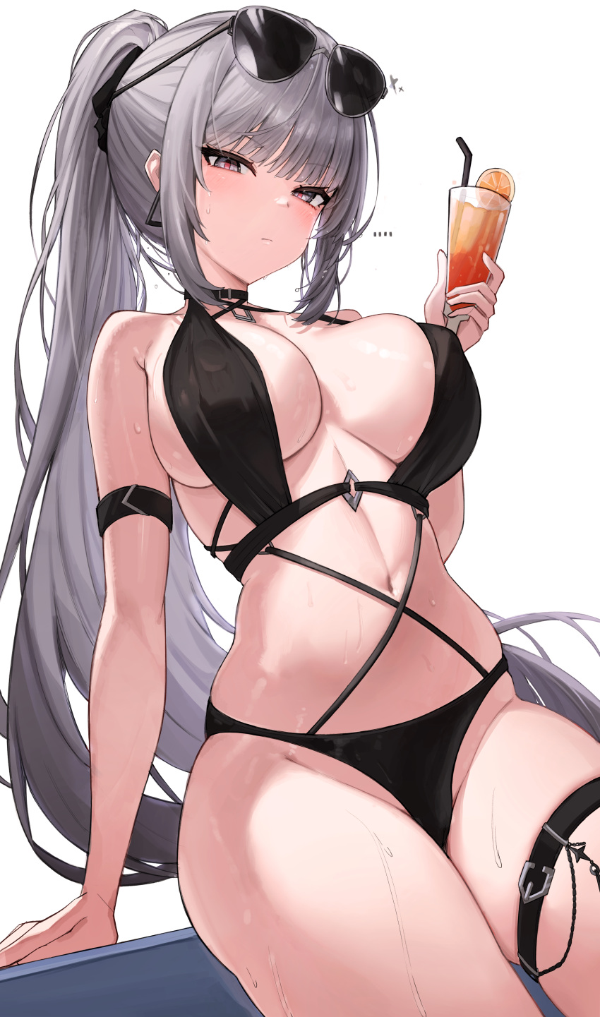 1girl absurdres bikini black_bikini black_survival breasts closed_mouth commentary covered_nipples cup dasi_(kwts3227) drinking_glass earrings eternal_return:_black_survival eyewear_on_head grey_eyes grey_hair haze_(black_survival) highres holding holding_cup jewelry large_breasts long_hair looking_at_viewer navel ponytail red_pupils simple_background sitting solo sunglasses swimsuit thigh_strap thighs wet white_background