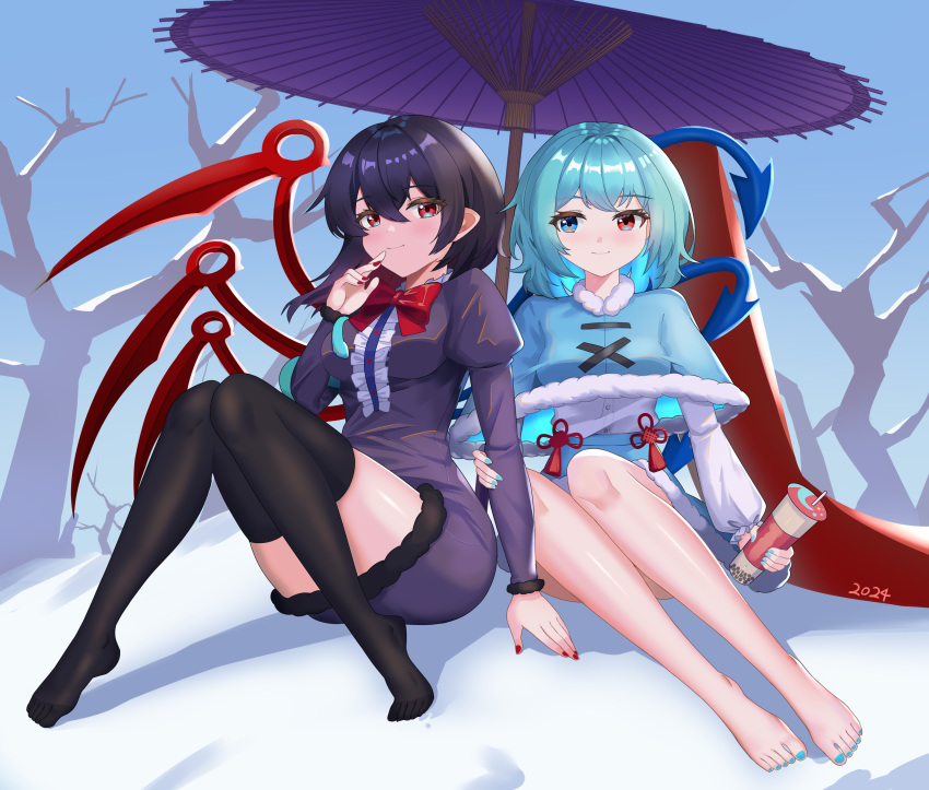 2girls absurdres asymmetrical_wings bare_tree barefoot black_hair black_thighhighs blue_eyes blue_hair blue_nails blue_skirt blue_sky blue_wings blush bow bowtie breasts bubble_tea buttons capelet center_frills clear_sky closed_mouth commentary_request dress frills full_body fur-trimmed_capelet fur-trimmed_skirt fur_trim grey_dress hair_between_eyes heterochromia highres houjuu_nue juliet_sleeves karakasa_obake long_bangs long_sleeves looking_at_viewer medium_bangs medium_breasts medium_hair multiple_girls nail_polish no_shoes pointy_ears puffy_sleeves purple_umbrella qinyuzhen red_bow red_bowtie red_eyes red_wings shirt short_dress short_sleeves sitting skirt sky smile snow tatara_kogasa thighhighs toenail_polish toenails tongue touhou tree umbrella white_capelet white_shirt wings