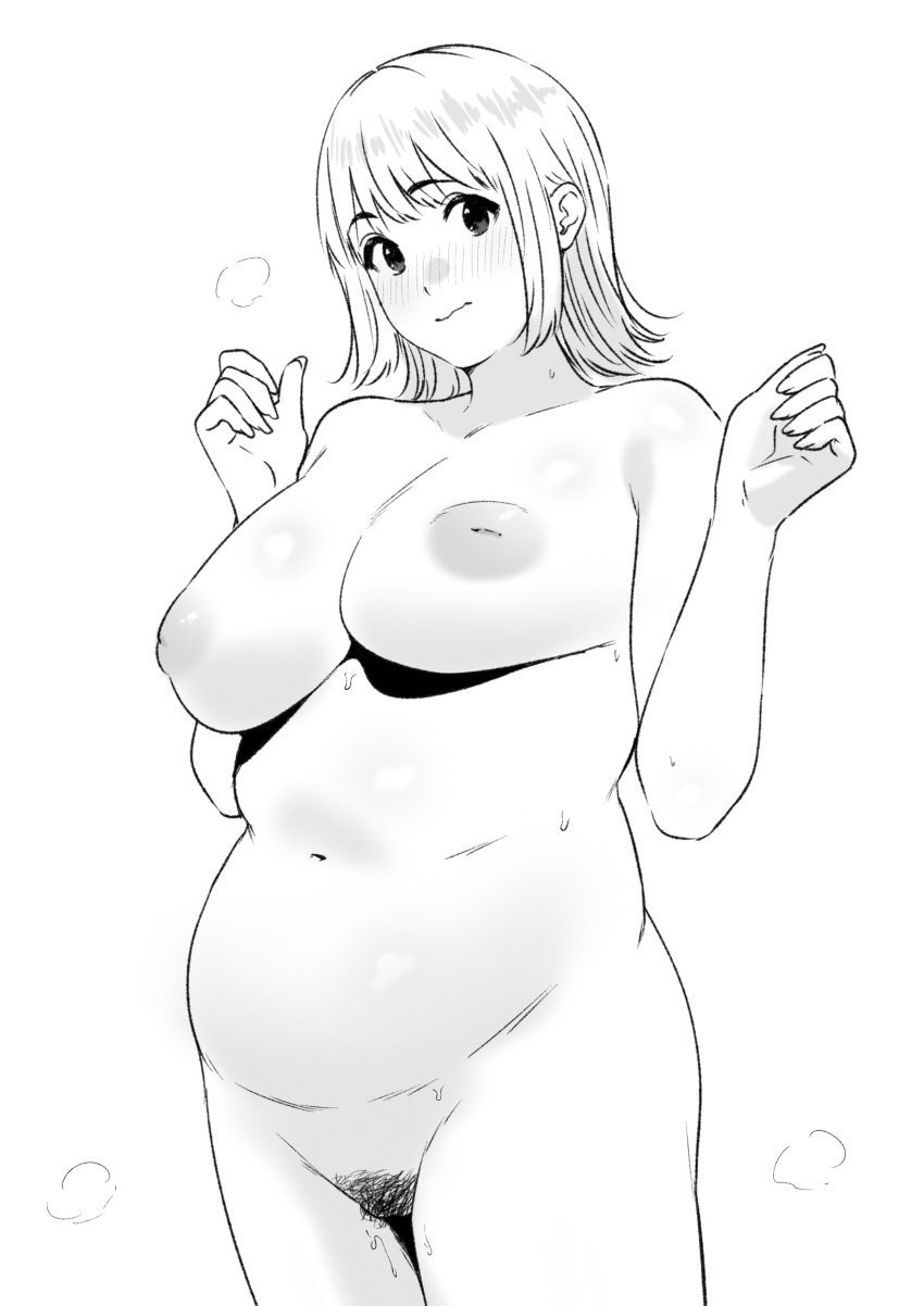 1girl absurdres belly blush breasts closed_mouth completely_nude fat female_pubic_hair highres inverted_nipples large_breasts looking_at_viewer monochrome navel nose_blush nude original plump pubic_hair solo steam tantanmen72 wet