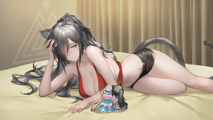 1girl absurdres animal_ear_fluff arknights arm_rest black_hair black_shorts breast_rest breasts camisole ceylon_(arknights) character_doll cleavage closed_mouth collarbone curtains facing_viewer foot_out_of_frame hair_over_one_eye head_rest highres indoors large_breasts long_hair looking_at_object lying narrow_waist navel on_bed on_side panther_ears panther_girl panther_tail red_camisole schwarz_(arknights) shorts solo thighs yellow_eyes yiyanbanshengchou
